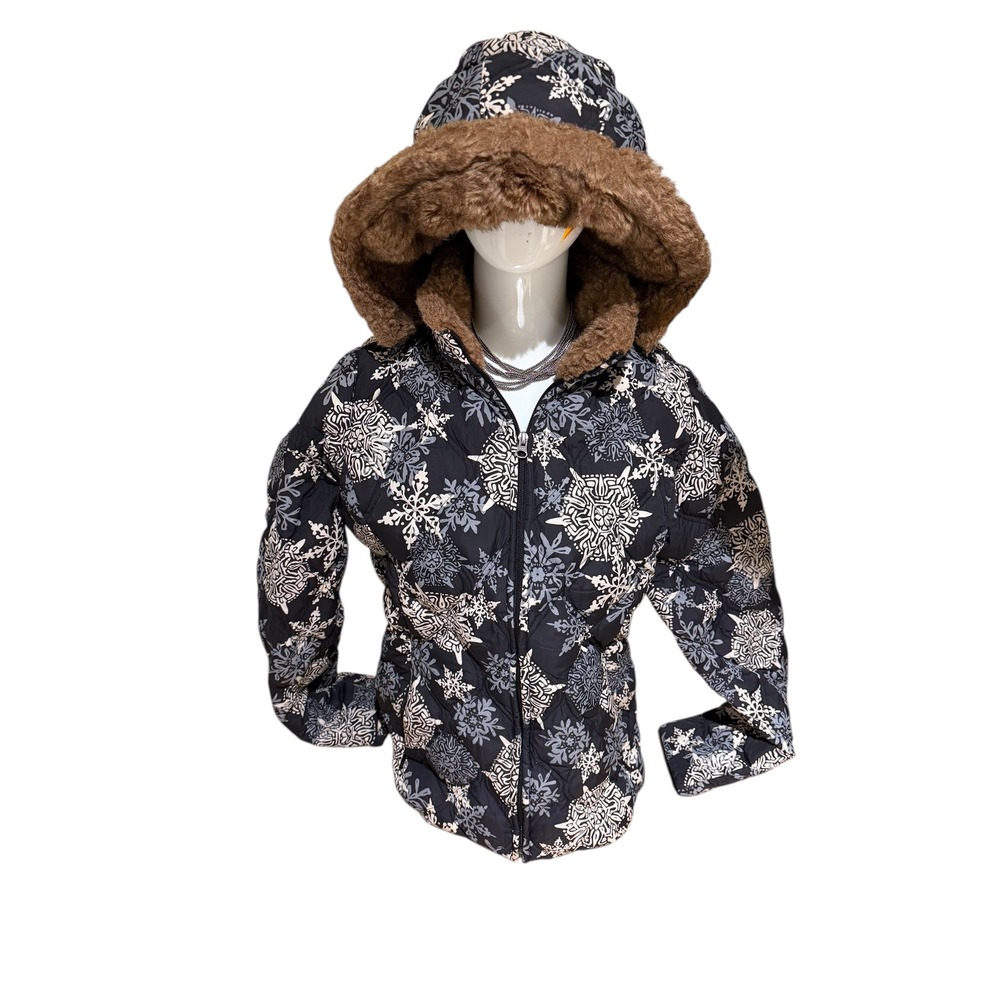 Vtg Y2K EDDIE BAUER MT tall Women's DOWN‎ Hood Puffer Fur SNOWFLAKE PRINT Coat